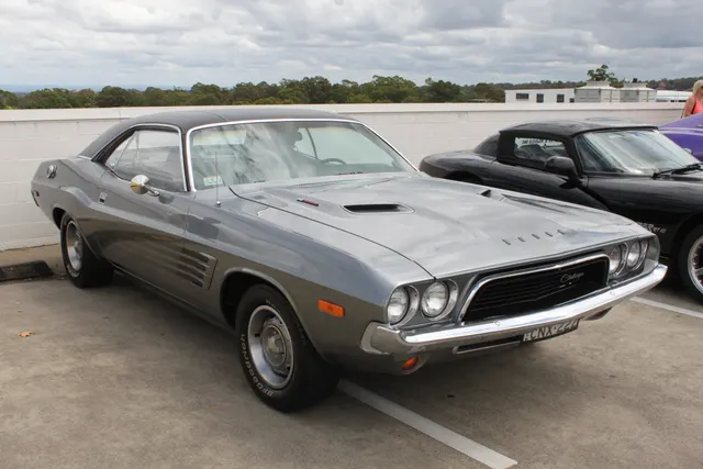 Silver 1973 Challenger in a restored front view