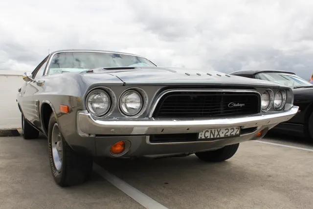 Low front view of the restored silver 1973 Challenger