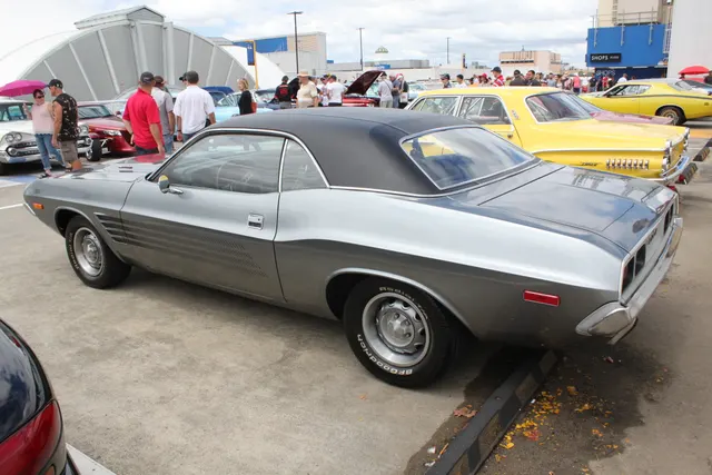 Silver 1973 Challenger rear three-quarter view
