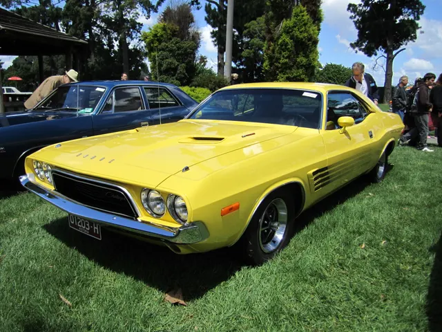 Top Banana 1973 Challenger 340 in a restored front three-quarter view