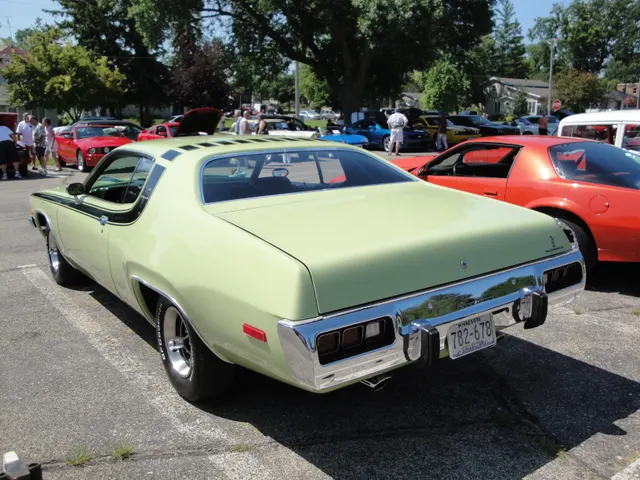 Rear three-quarter view of a stock-presenting green 1973 Plymouth Road Runner, used for body, rear panel, bumper, stripe, wheel, and trim context; the photograph does not establish a 440 drivetrain.