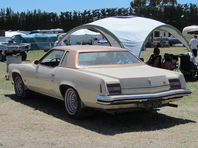 Rear three-quarter view of the same exact-year Grand Prix retained for the formal roof, fixed quarter windows, deck, 1973 tail lamps, below-bumper license location, bumper, exhaust, and wheel context.