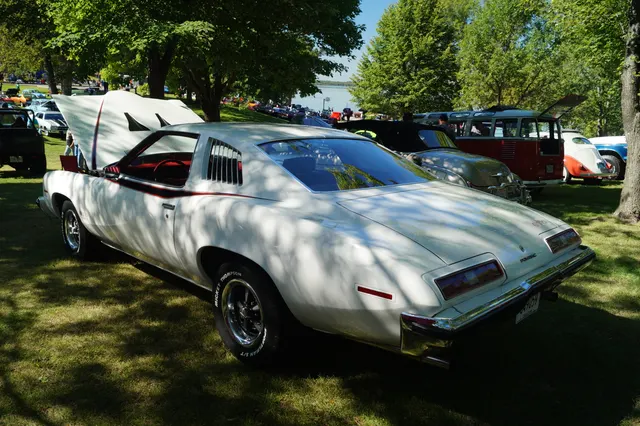 White 1973 GTO Sport Coupe, rear view with fixed louvered quarter windows