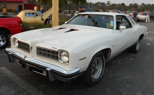 White 1973 Pontiac GTO, front three-quarter view