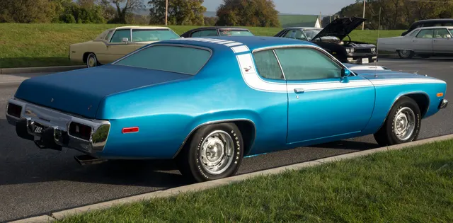 1974 Plymouth Road Runner 360 four-speed in Lucerne Blue, rear three-quarter view