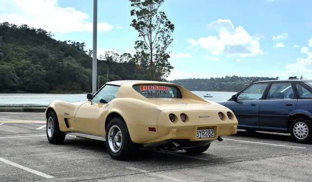 Medium Saddle 1975 coupe in rear three-quarter view, showing the one-piece urethane tail, four round lamps, fixed rear glass, and visible survivor wear.