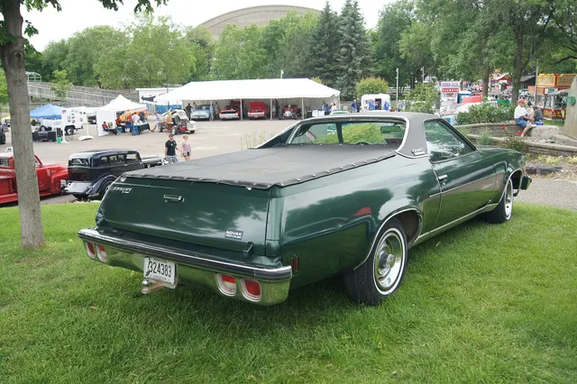 Rear profile retained for coupe-utility proportions, cargo body, tailgate, lamps, bumper, roof, glass, side trim, wheel covers, and survivor context; accessories and condition remain specific to this car.