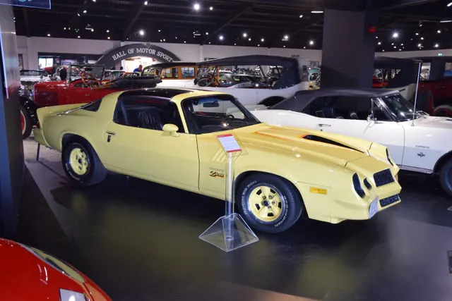 Exact-year museum-displayed Z28 retained for the two-door body, front fascia, hood scoop, spoilers, wheel openings, factory-style wheels, graphics, and stance context.