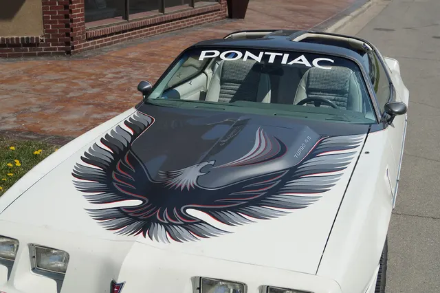 Exact-year detail retained for the offset Turbo 4.9 hood bulge, model-year hood bird, pinstriping, lamps, and hatch-roof opening; replaceable graphics do not prove an LU8 build.