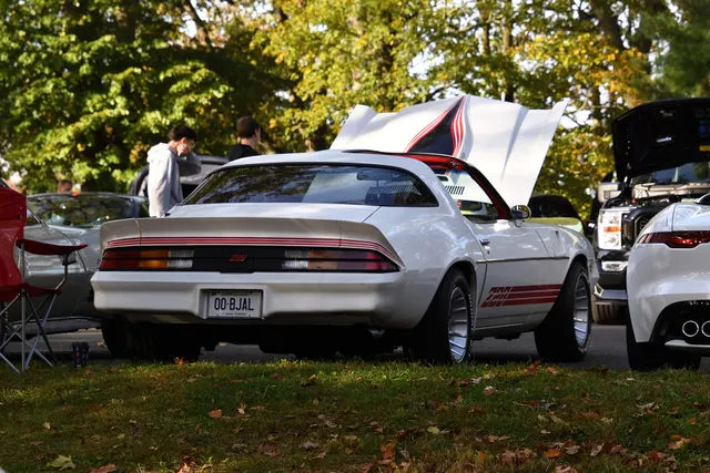 Exact-year light-finish Z28 retained for roof, backlight, spoiler, lamps, bumper, quarter panel, exhaust outlets, graphics, and stance; the open hood and current condition remain car-specific.