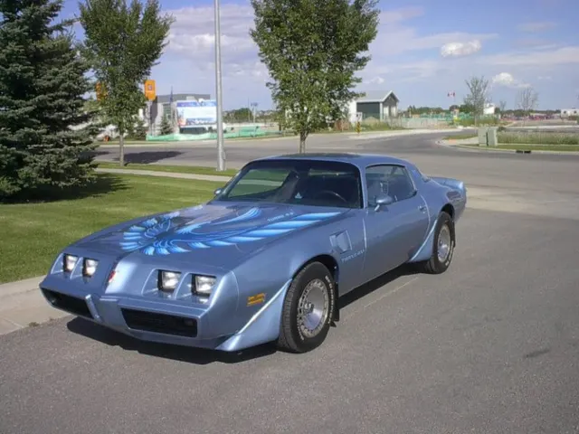 Exact-year blue Turbo Trans Am retained for an alternate stock-presenting front three-quarter view of the nose, lamps, aero pieces, hood treatment, hood bird, hatch roof, wheel design, and stance.