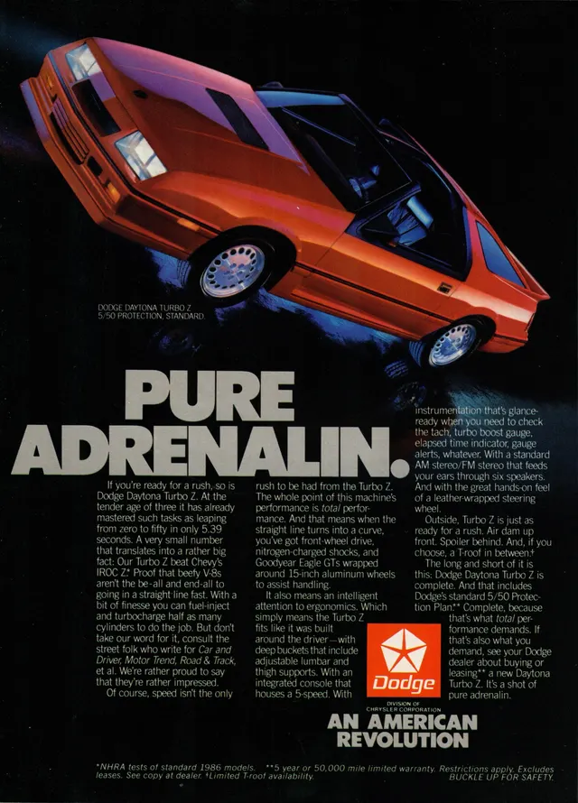Period Dodge advertisement showing the stock 1986 Daytona Turbo Z exterior; advertising claims are historical context, not proof about a surviving car.